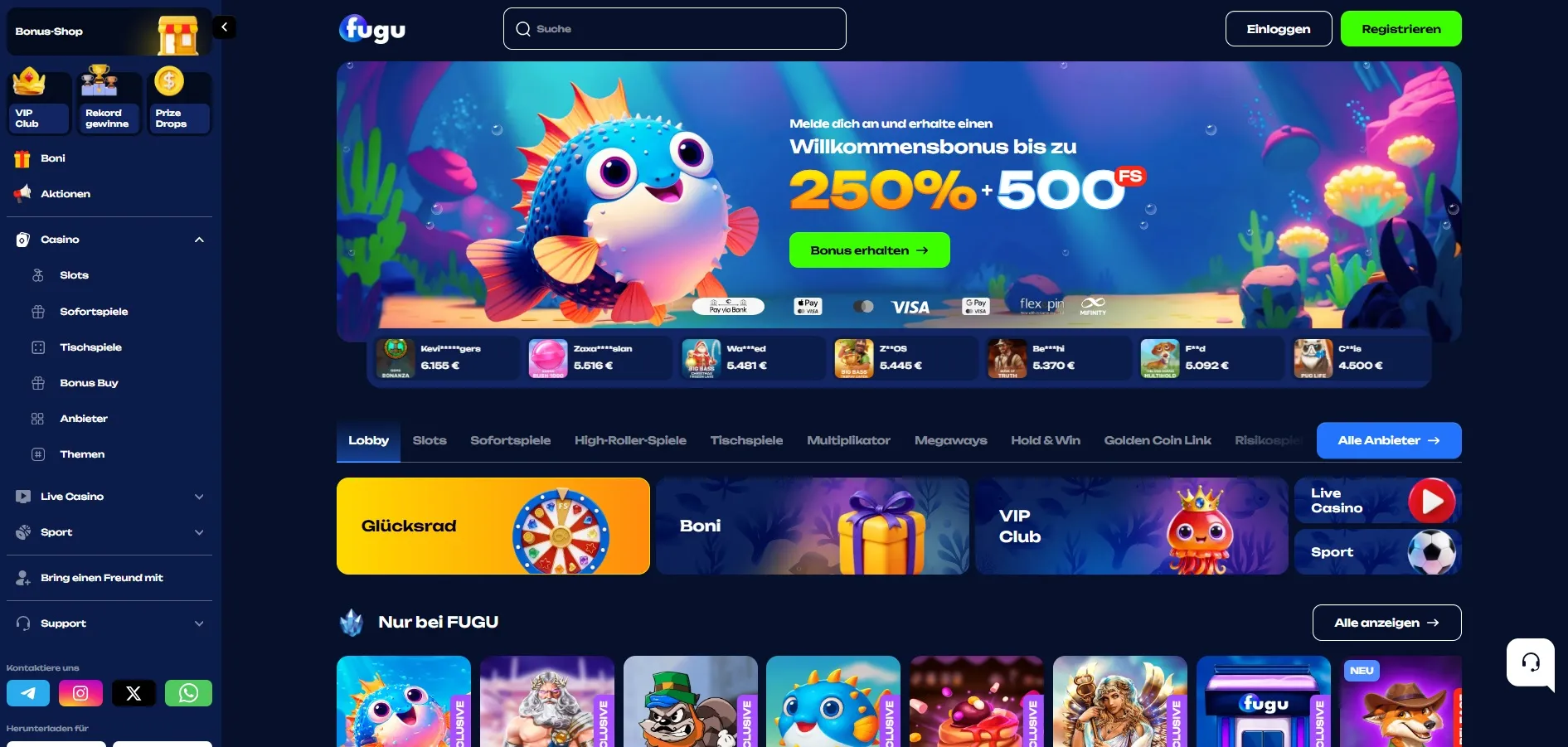 Fugu Casino Startseite mit Lobby, Willkommensbonus 250% plus 500 Freispiele und Menü für Slots, Live Casino und Sport
